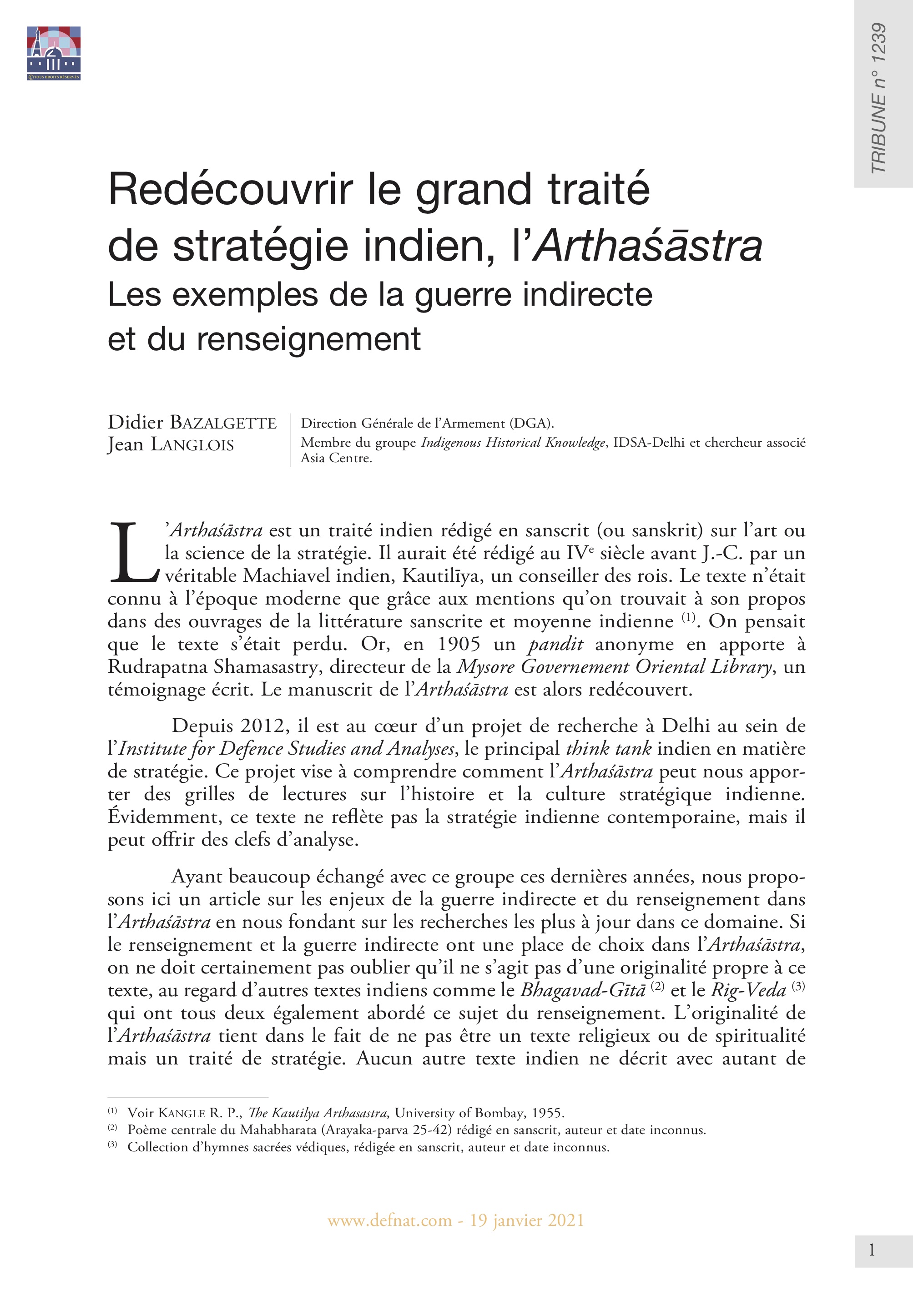 Redécouvrir le grand traité de stratégie indien, l’Arthasastra : les exemples de la guerre indirecte et du renseignement (T 1239)
